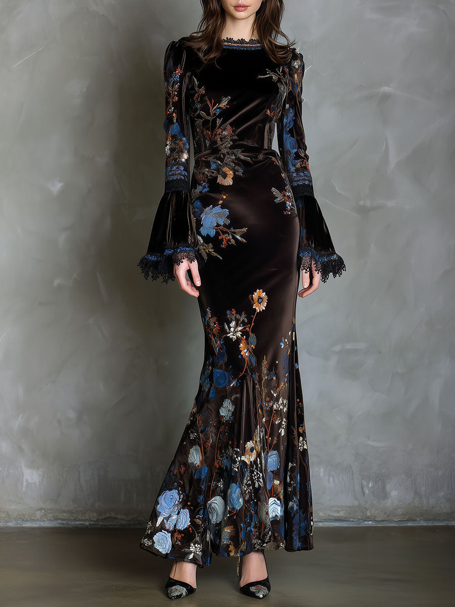 Elegance Midnight Velvet Floral Gown With Lace Trim – Futario