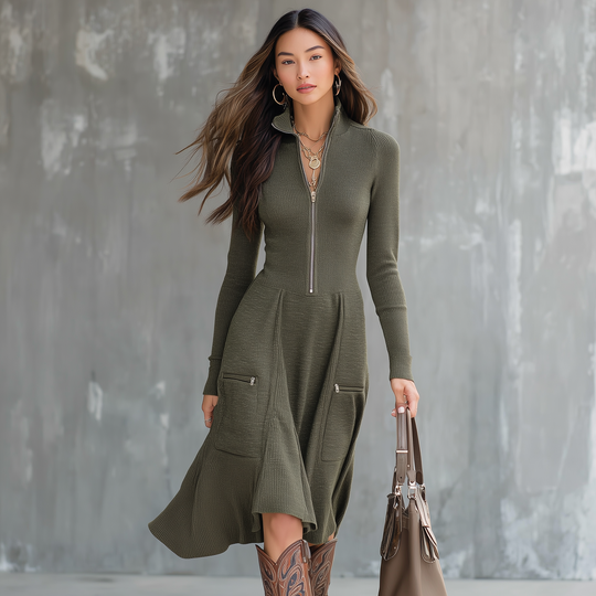 Vintage Zipper Neck Pocket Knit Midi Dress