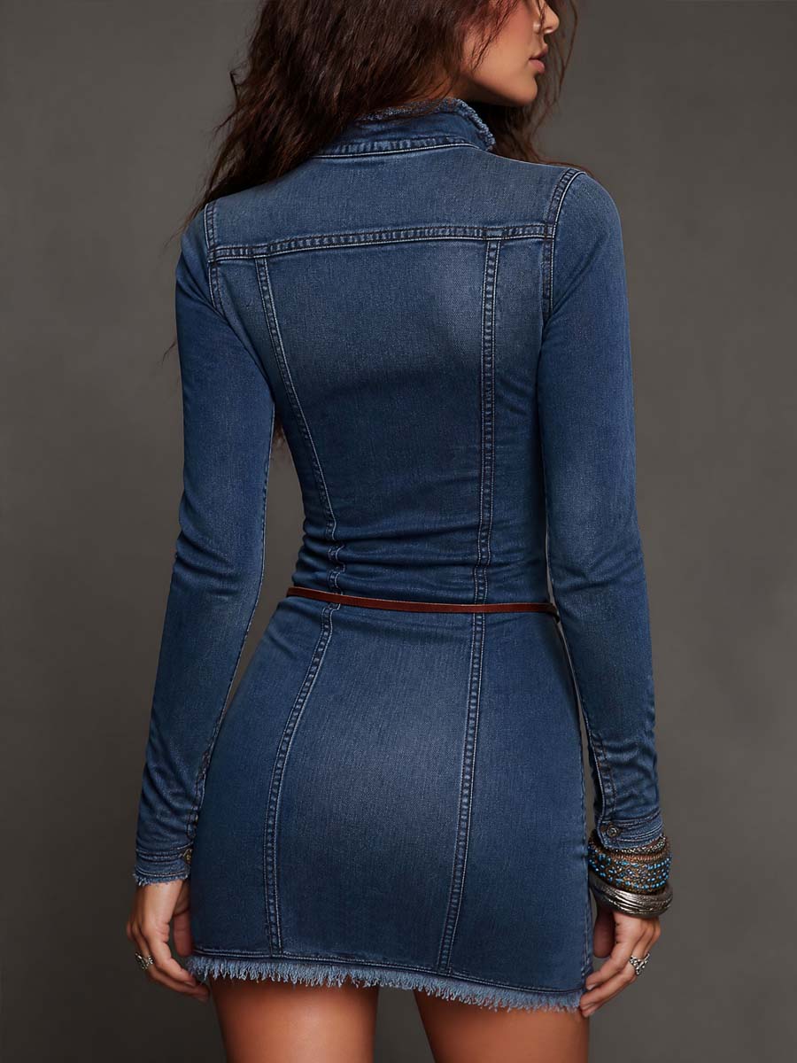 Vintage Zip-up Collar Frayed Trim Denim Mini Dress