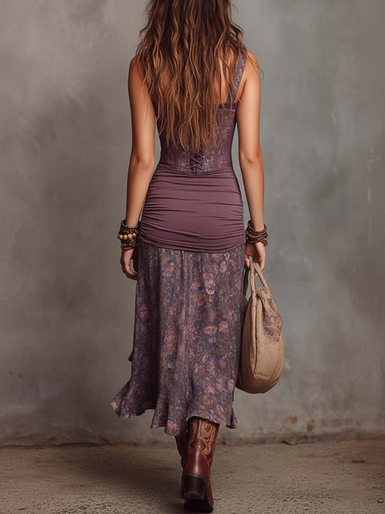 Vintage Floral Corset Bodice Ruched Midi Dress