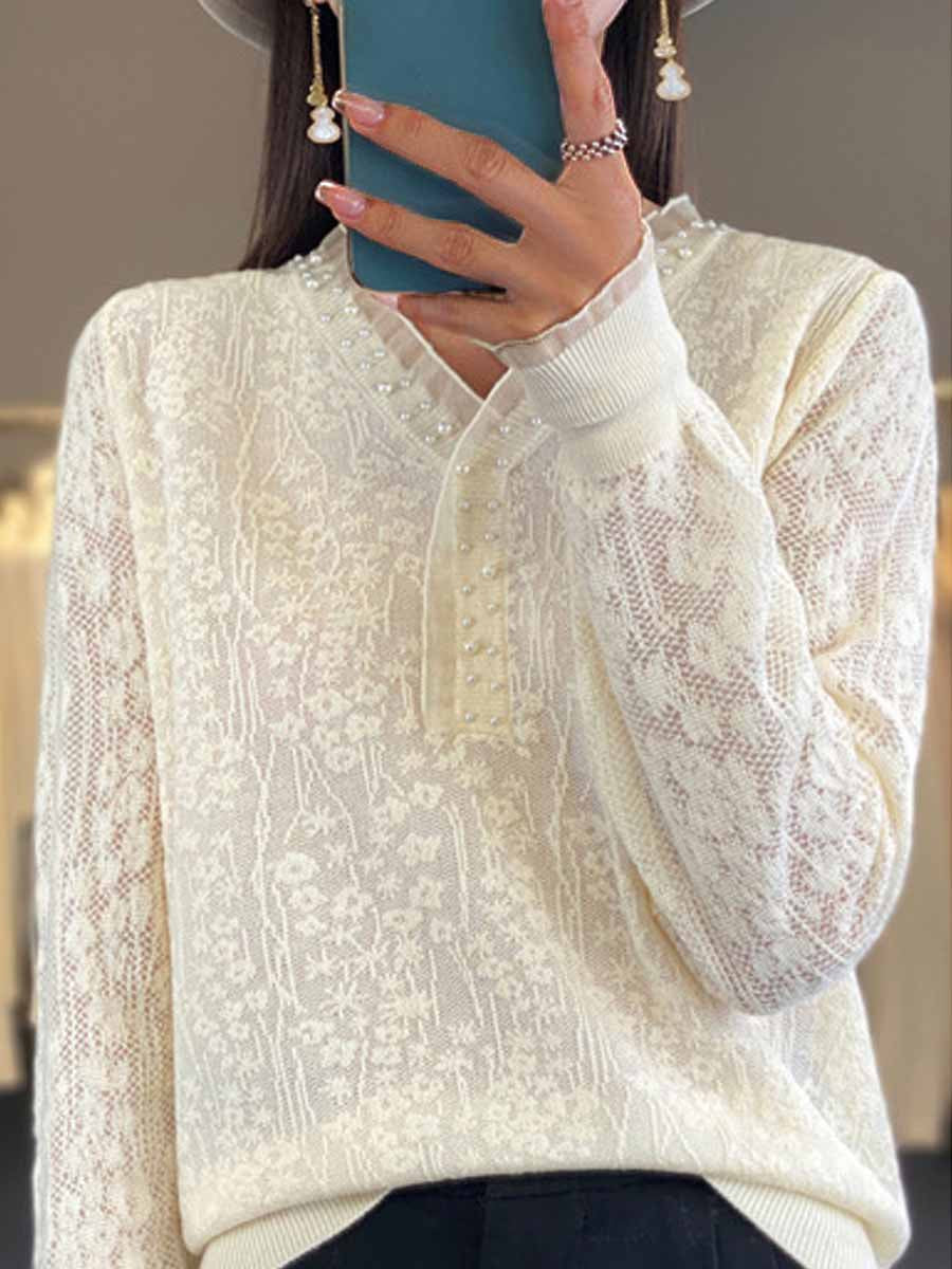 Pearl Ruffle Collar Floral Embroidered Wool Sweater