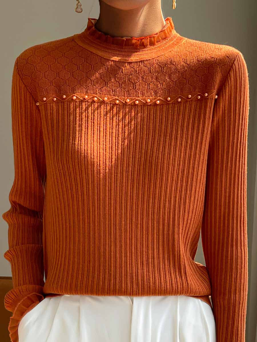 Lace Trim Turtleneck Pure Wool Sweater