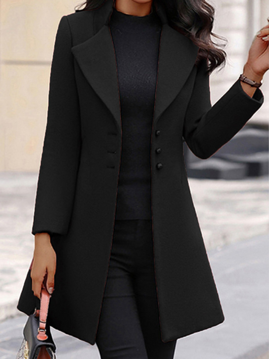 Ladies Lapel Solid Color Slim Fit Wool Coat