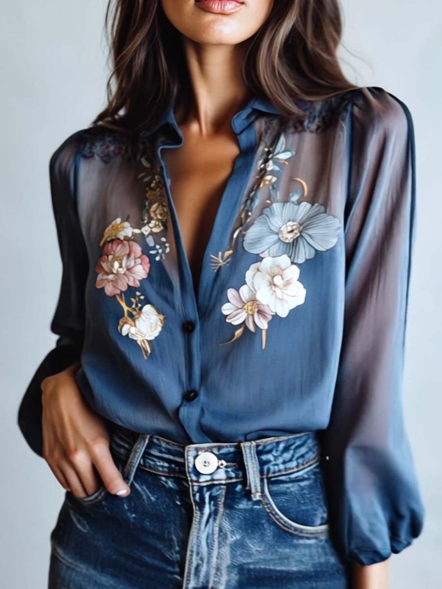 Lace Shoulder Boho Floral Printed Blouse