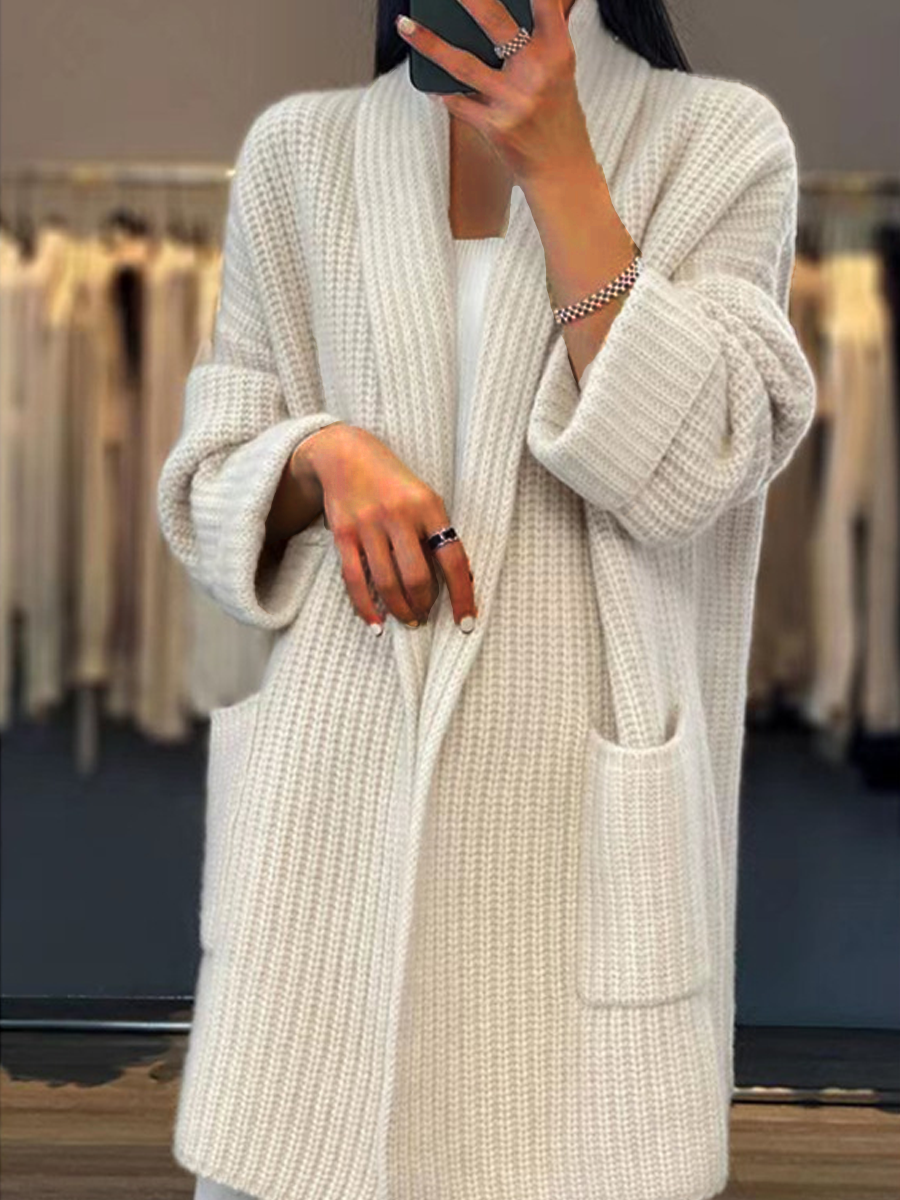 Solid Color V-Neck Pocket Knitted Cardigan