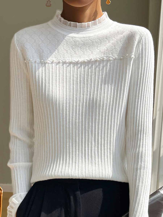 Lace Trim Turtleneck Pure Wool Sweater