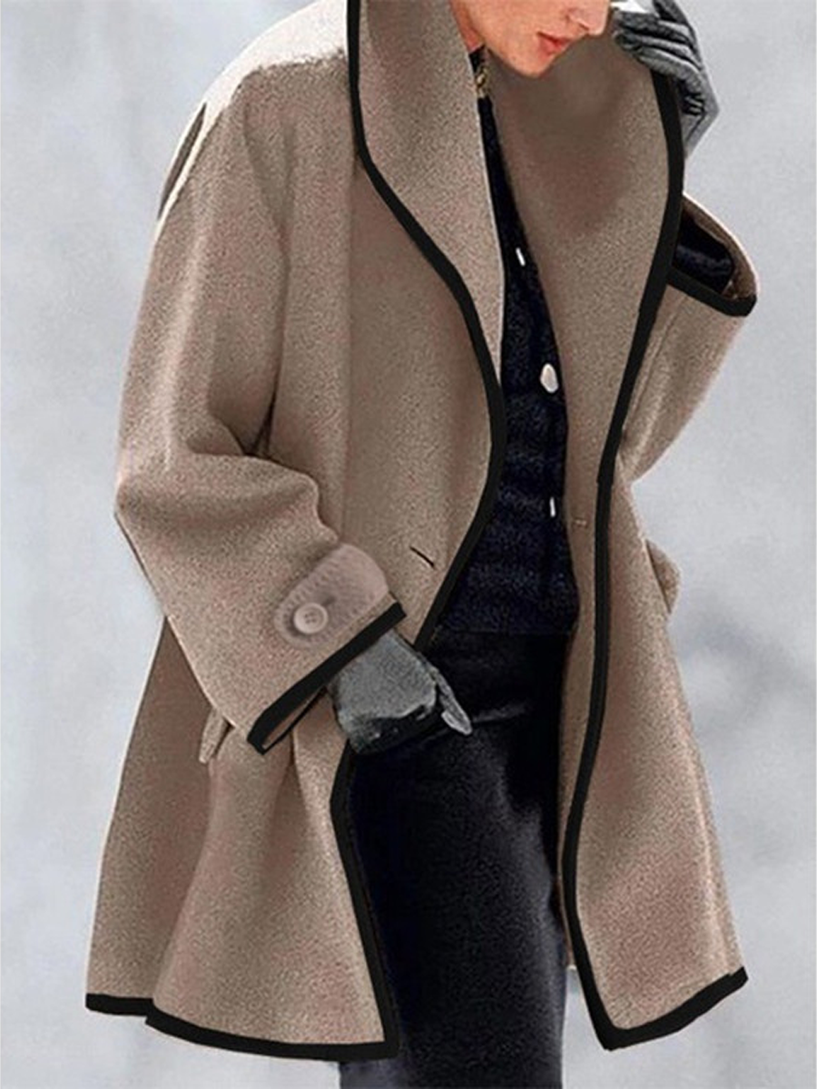 Colorblock Round Neck Loose Hooded Wool Coat