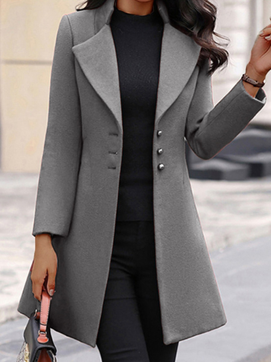 Ladies Lapel Solid Color Slim Fit Wool Coat