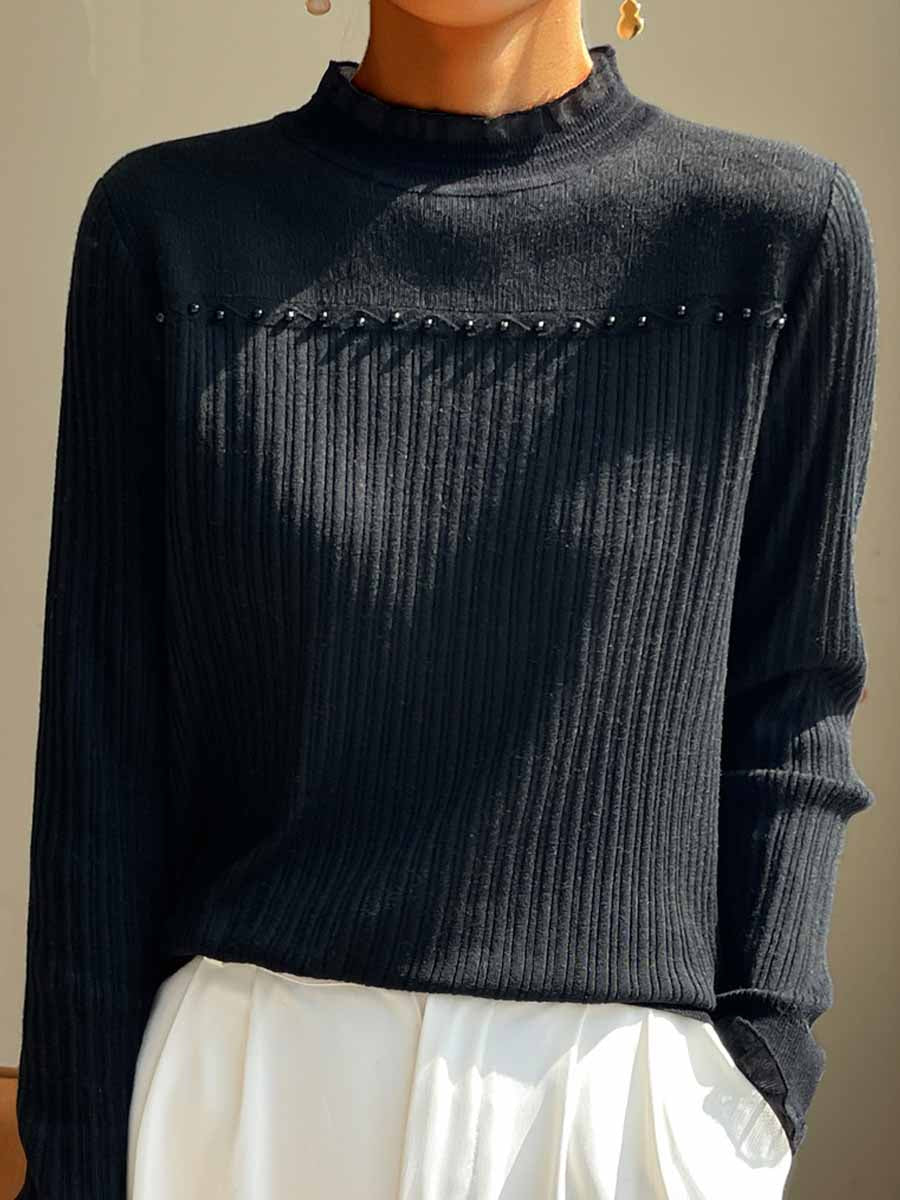 Lace Trim Turtleneck Pure Wool Sweater