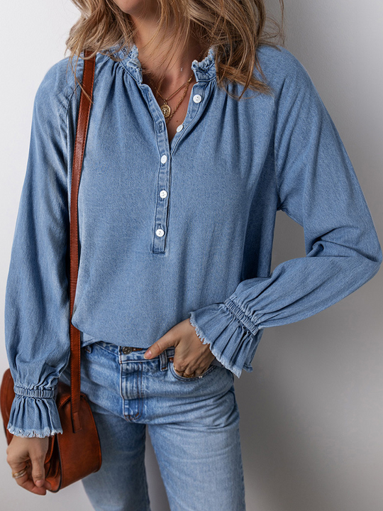 Women's Ruffle Denim Long Sleeve Shirt