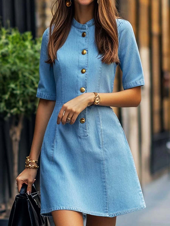 Vintage Gold Buttons Denim Mini Dress