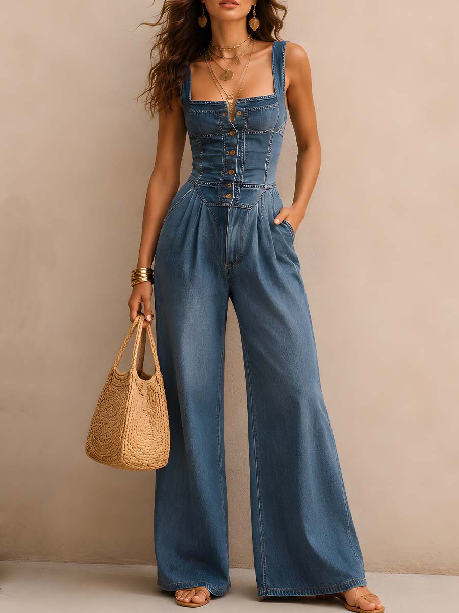 Vintage Square Neck Denim Jumpsuit