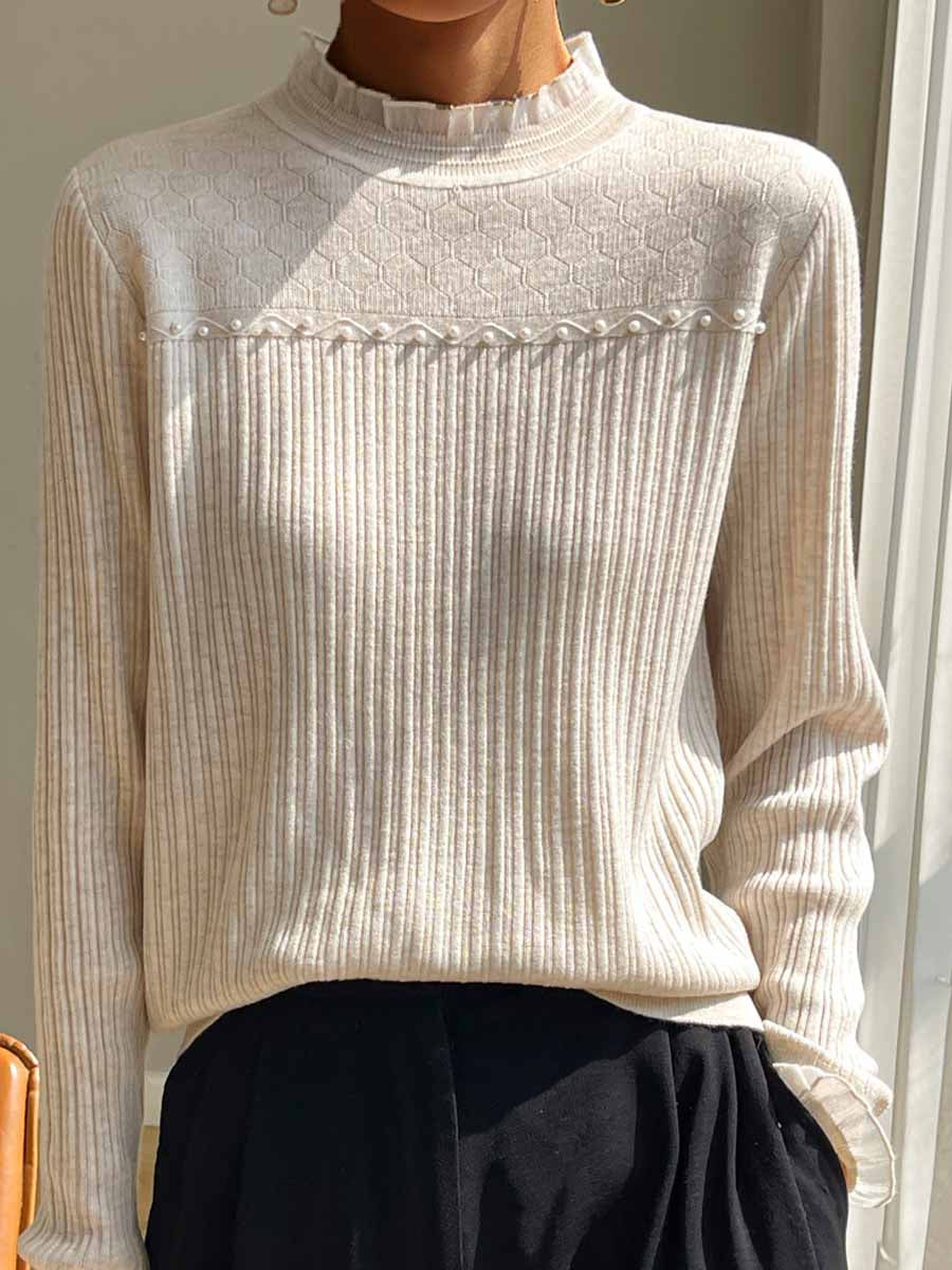 Lace Trim Turtleneck Pure Wool Sweater