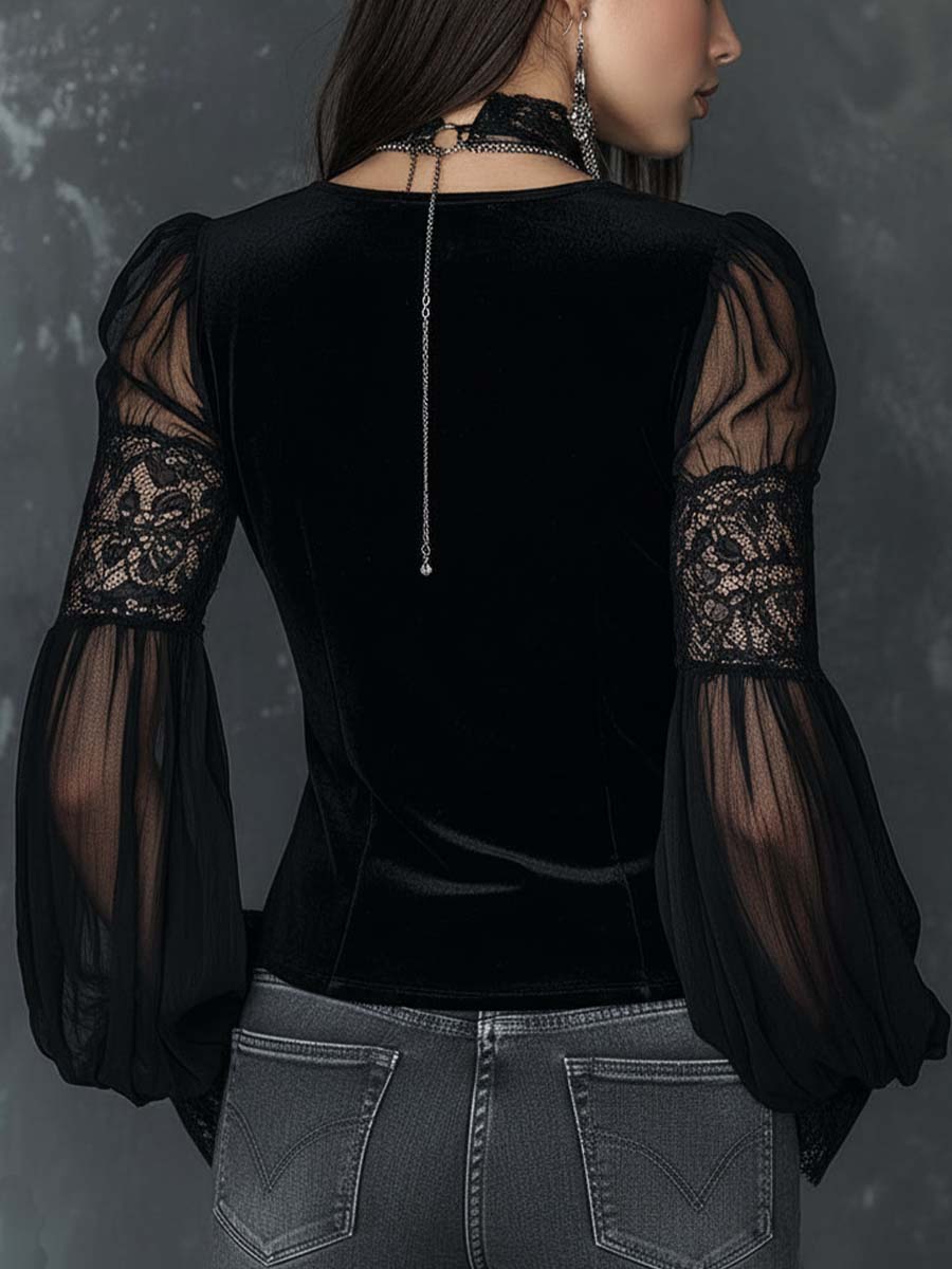 Vintage Henley Collar Sheer Sleeves Lace Trim Polyester Velvet Blouse