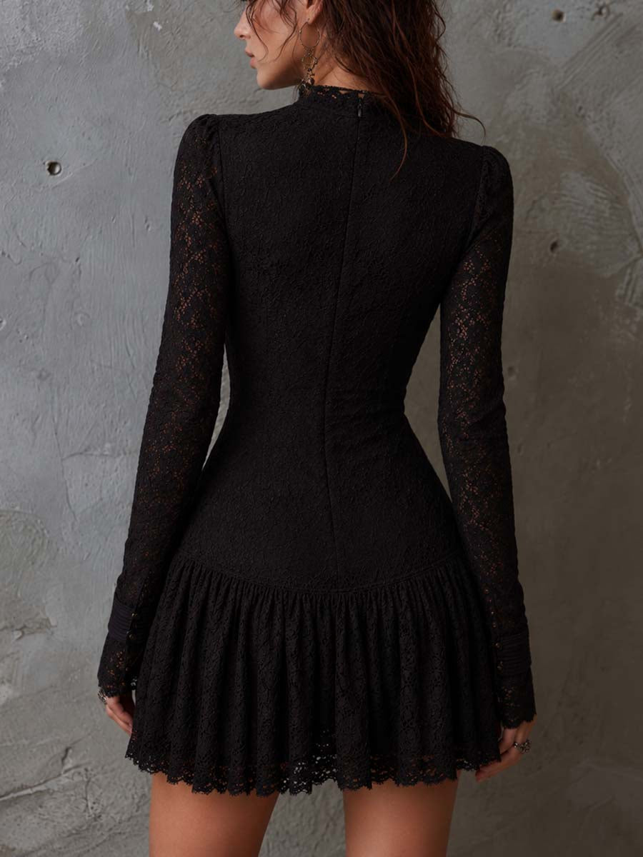 Vintage Military-style Double-breasted Lace Mini Dress