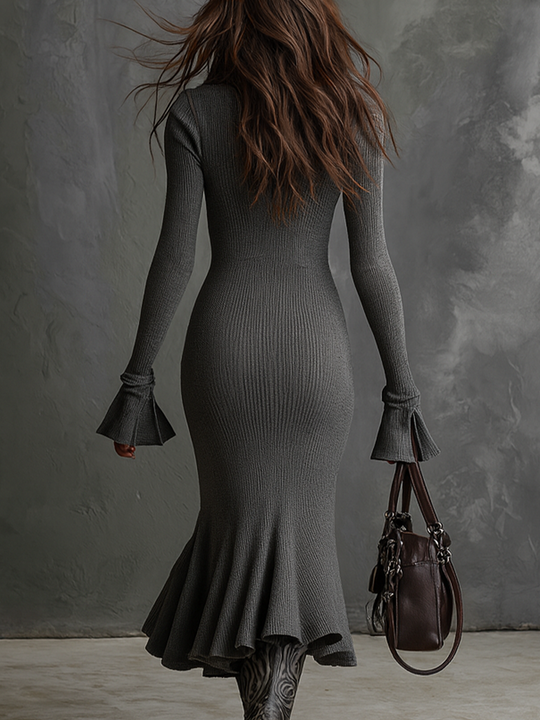 Retro Zipper Neck Trumpet Sleeve Knitted Midi Dress