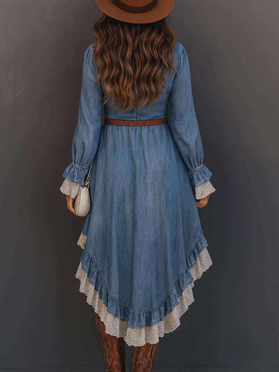 Vintage Irregular Hem Lace Trim Denim Midi Dress