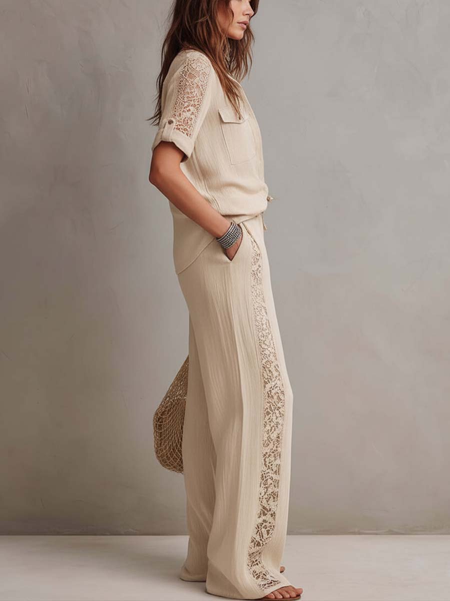 Retro Lace Trim Cotton-Linen Two-Piece Set