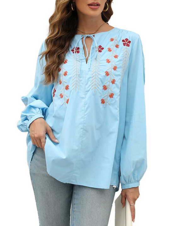 Women's Long Sleeve Casual Embroidered Blouse