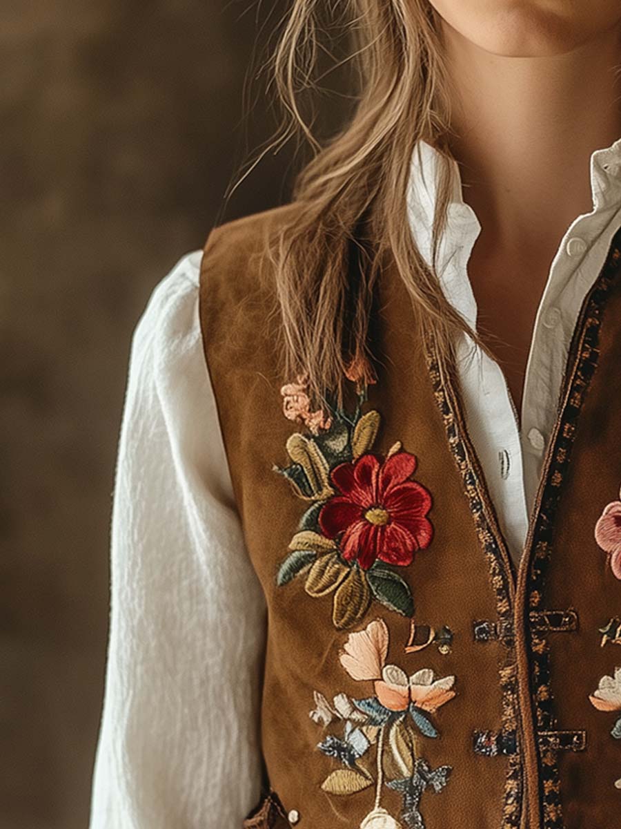 Women's Vintage Suede Floral Embroidered Vest