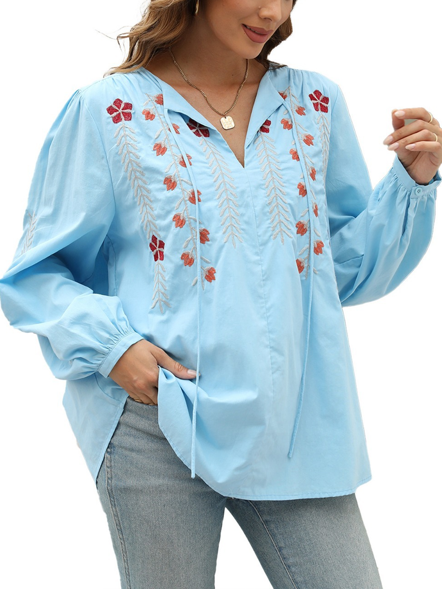 Women's Long Sleeve Casual Embroidered Blouse