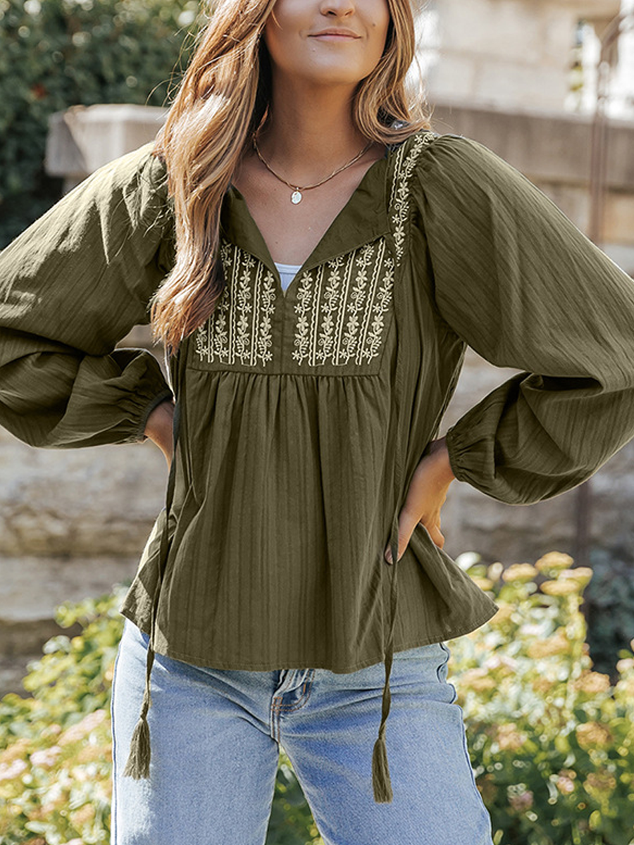 Women's V-Neck Long Sleeved Embroidered Chiffon Shirt