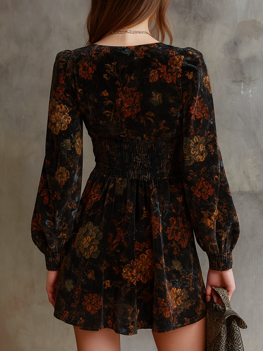 Retro Floral Print Pleated Waist Velvet Mini Dress