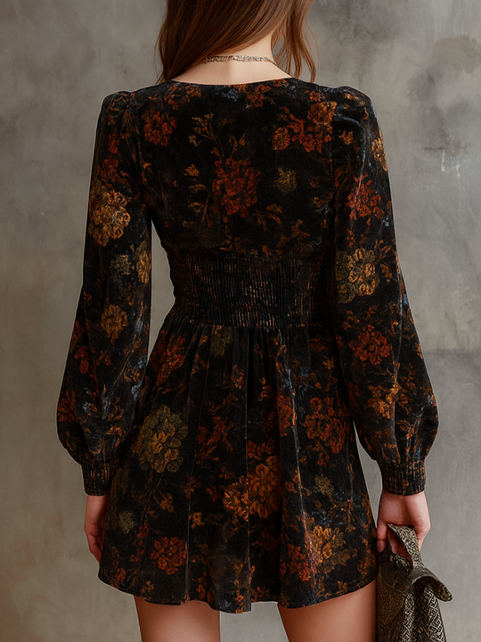 Retro Floral Print Pleated Waist Velvet Mini Dress