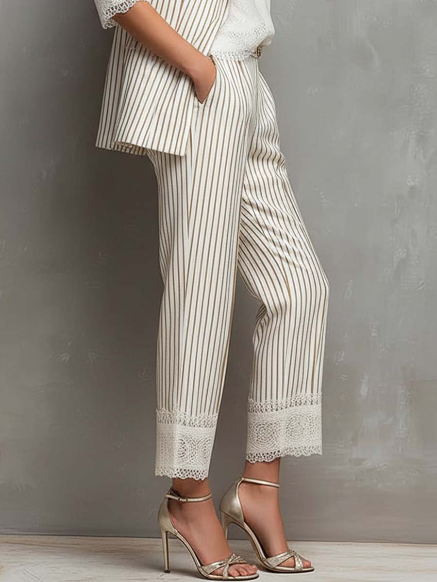 Vintage Striped Lace Cropped Trousers