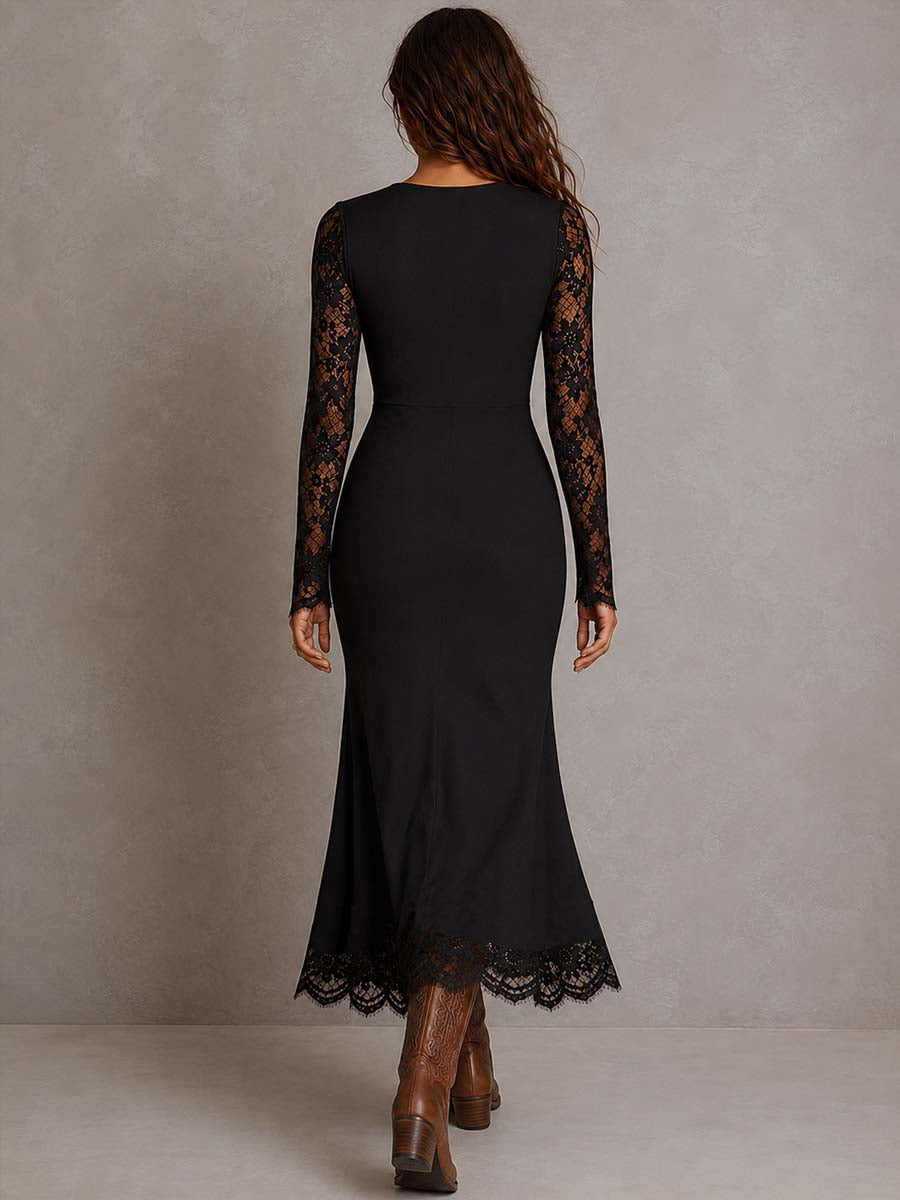 Vintage-style Wrap-tie Lace And Jersey Patchwork Midi Dress