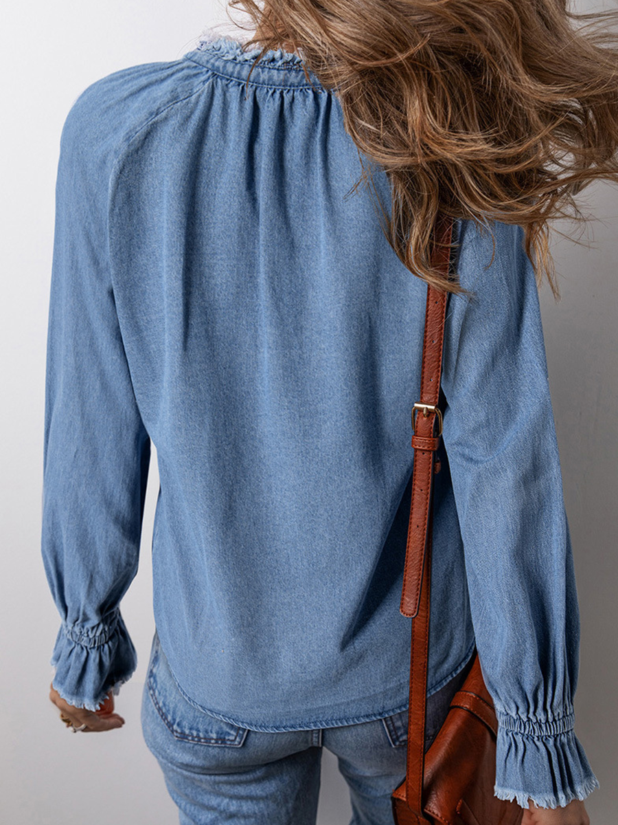 Women's Ruffle Denim Long Sleeve Shirt