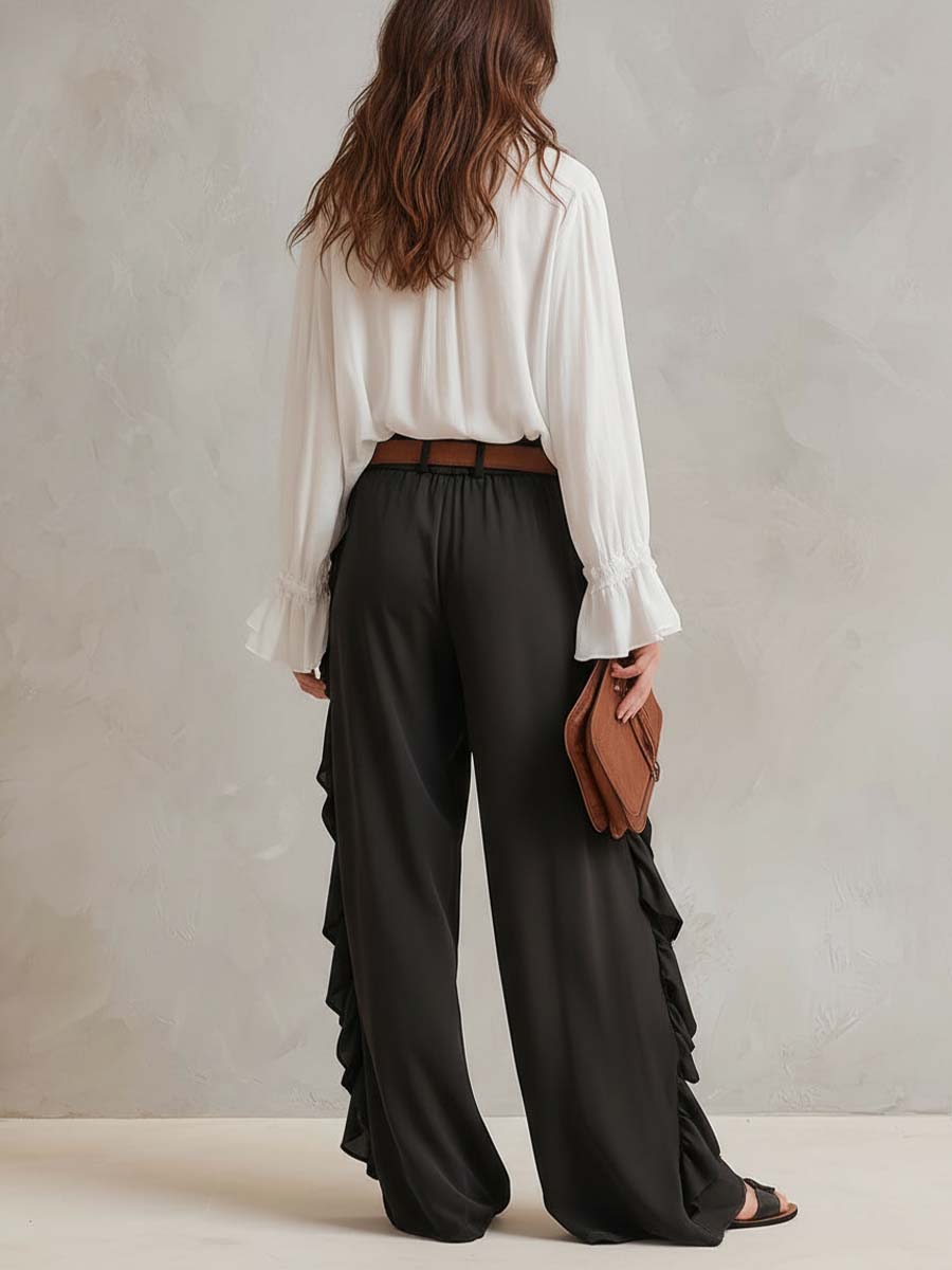 Retro Ruffled Chiffon Shirt And Pants Two-piece Set