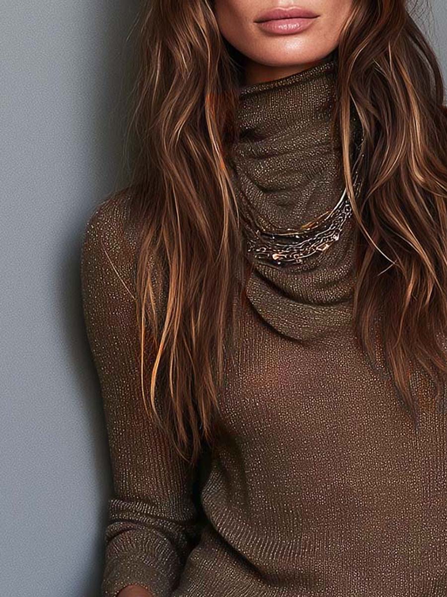 Boho Brown Lightweight Knit Cowl Neck Long Sleeve Slim Fit Top