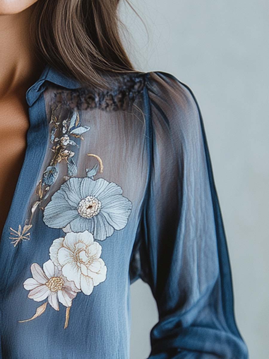 Lace Shoulder Boho Floral Printed Blouse