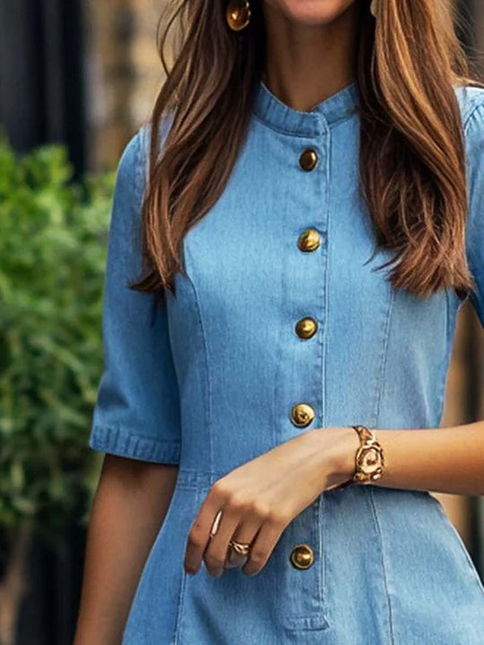 Vintage Gold Buttons Denim Mini Dress