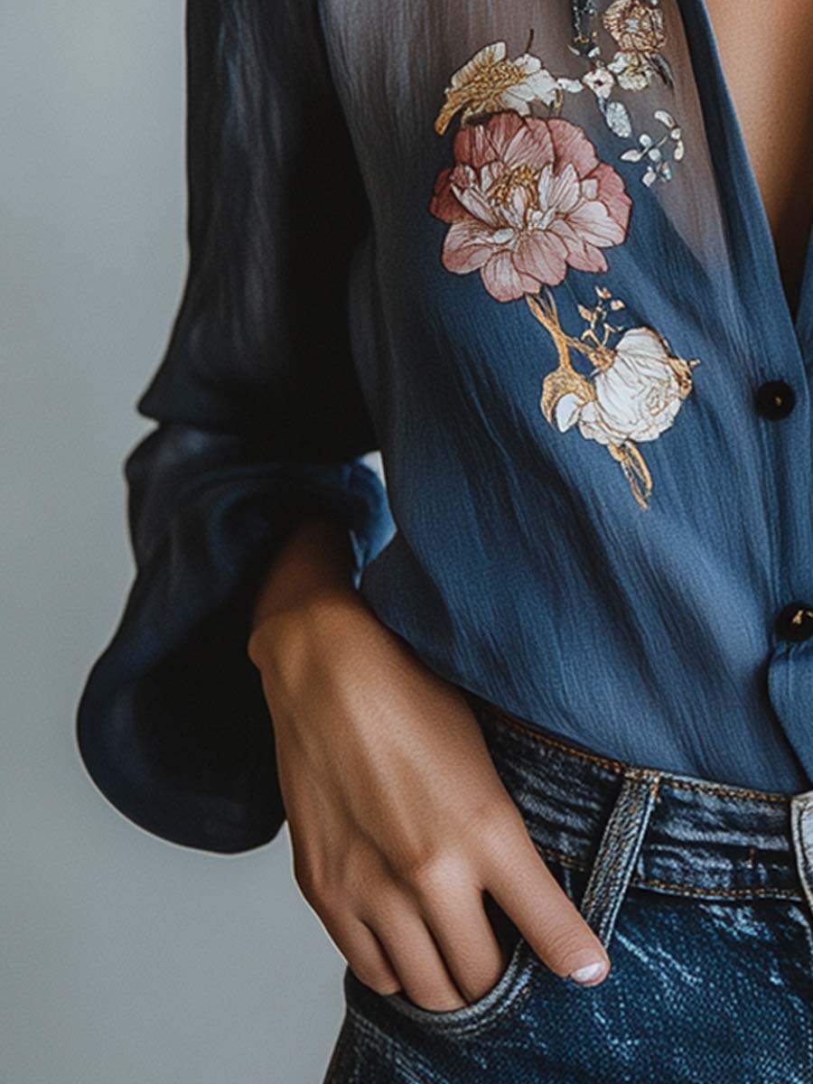 Lace Shoulder Boho Floral Printed Blouse