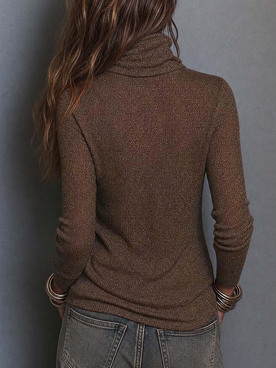 Boho Brown Lightweight Knit Cowl Neck Long Sleeve Slim Fit Top