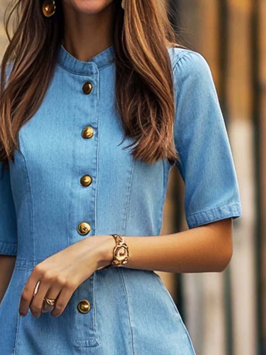 Vintage Gold Buttons Denim Mini Dress