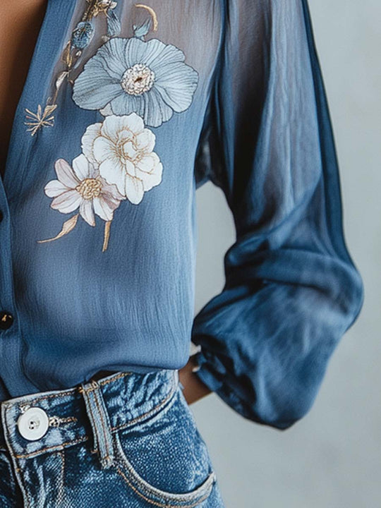 Lace Shoulder Boho Floral Printed Blouse