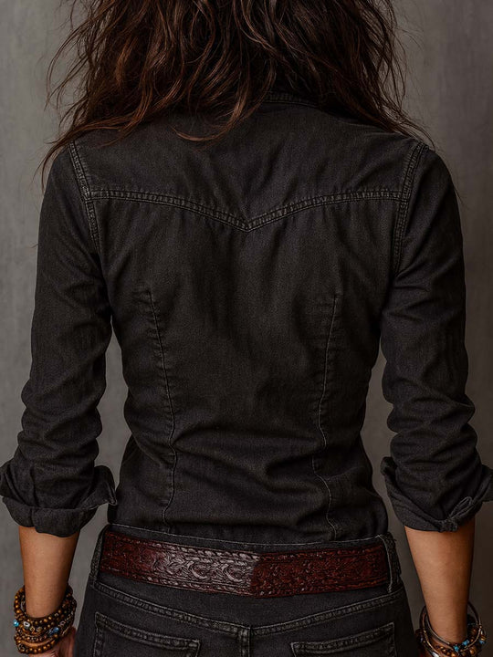 Vintage Washed Zip-up Denim Blouse