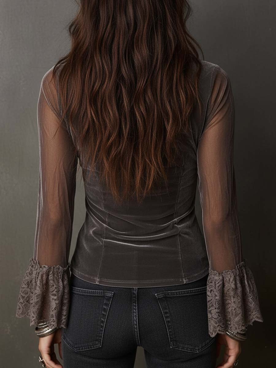 Vintage Polyester Velvet Sheer Sleeves Lace Trim Blouse
