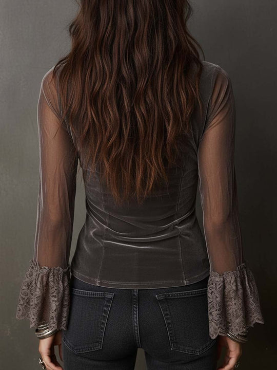 Vintage Polyester Velvet Sheer Sleeves Lace Trim Blouse