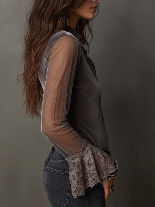 Vintage Polyester Velvet Sheer Sleeves Lace Trim Blouse