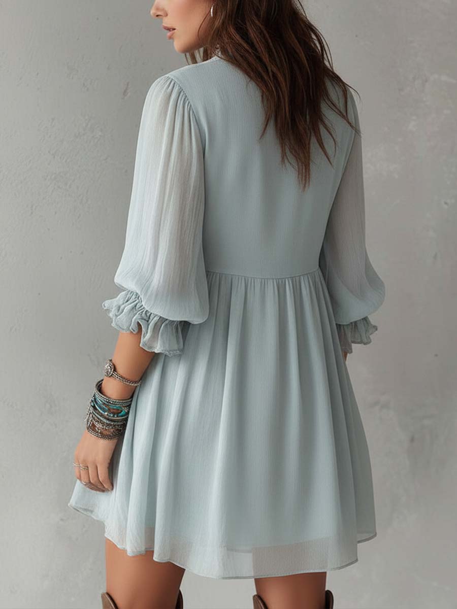 Retro Short-sleeved Ruffle Cuffs Chiffon Mini Dress