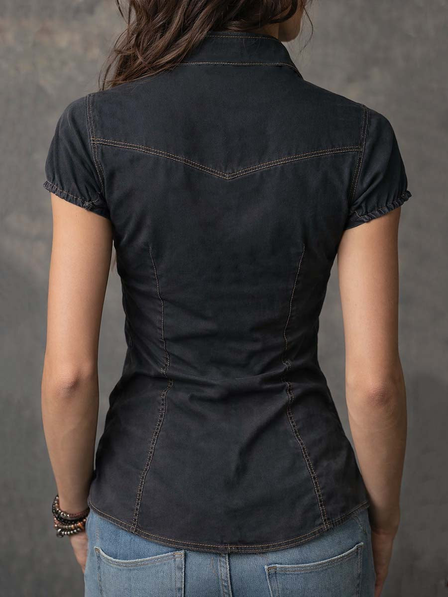 Retro Zippered Ruched Front Denim Blouse