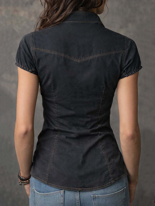 Retro Zippered Ruched Front Denim Blouse