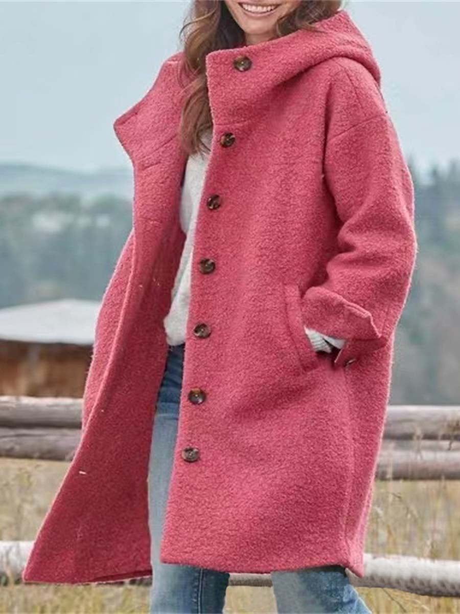 Long Sleeved Hooded Woolen Casual Coat