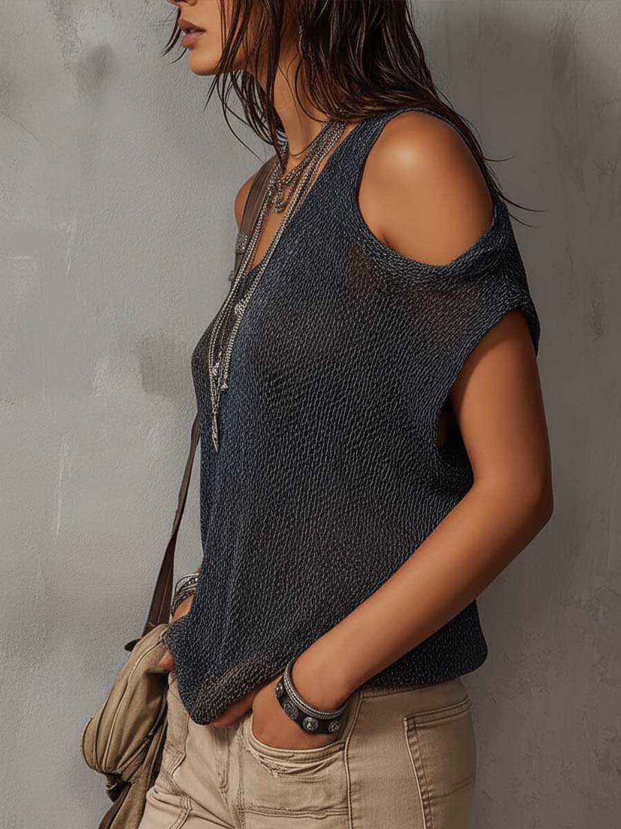 Retro Irregular Shoulder Knit Blouse