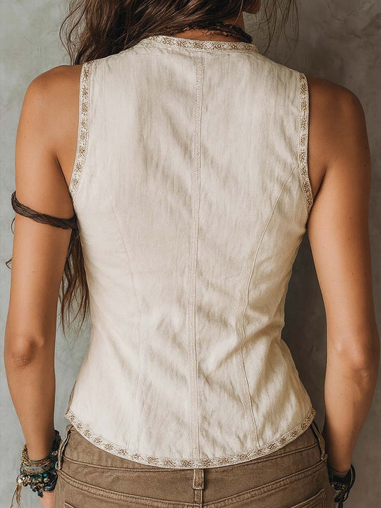 Retro Embroidered Trim Cotton Linen Vest