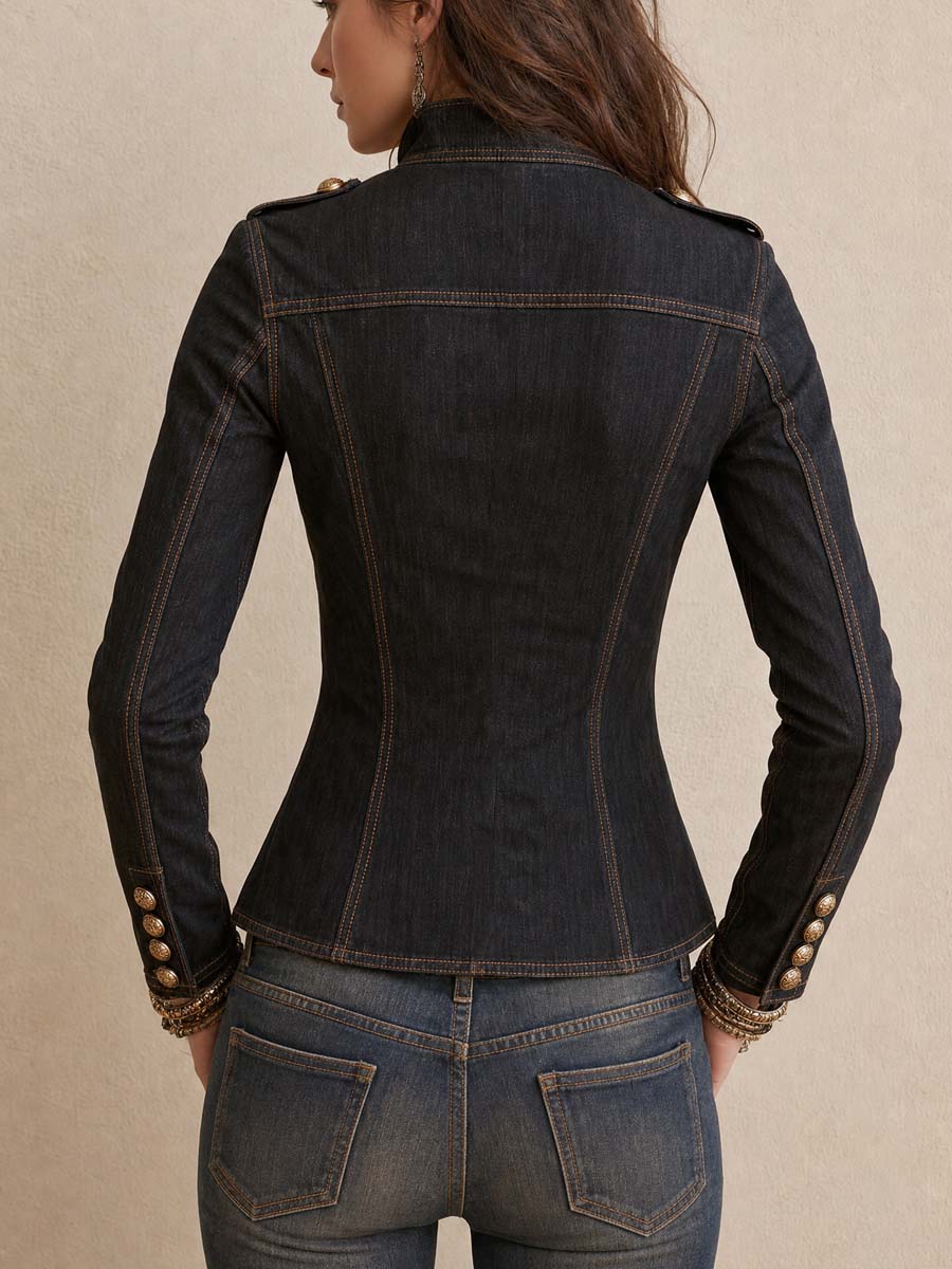 Military-style Contrast Stitching Denim Blouse
